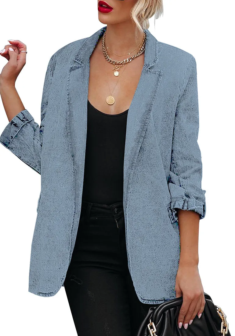 Light Blue Lapel Collar Flap Pockets Open-Front Denim Blazer