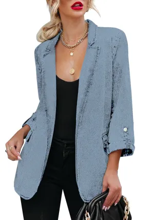 Light Blue Lapel Collar Flap Pockets Open-Front Denim Blazer