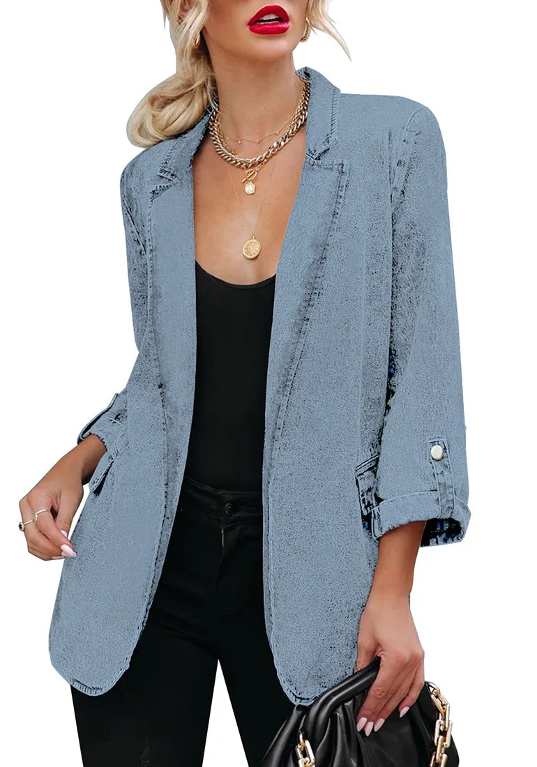 Light Blue Lapel Collar Flap Pockets Open-Front Denim Blazer