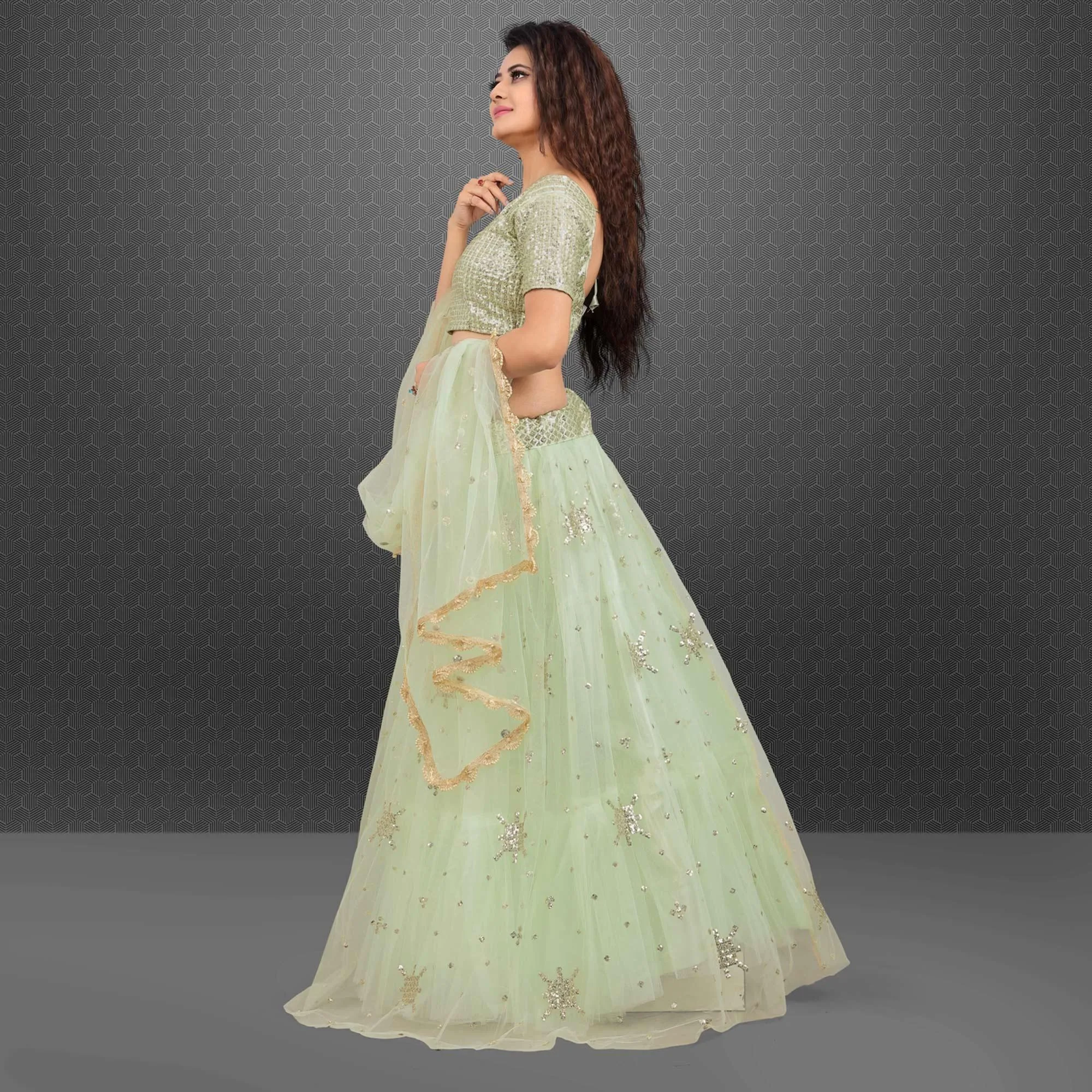 Light Green Party Wear Sequins Embroidered Net Lehenga Choli