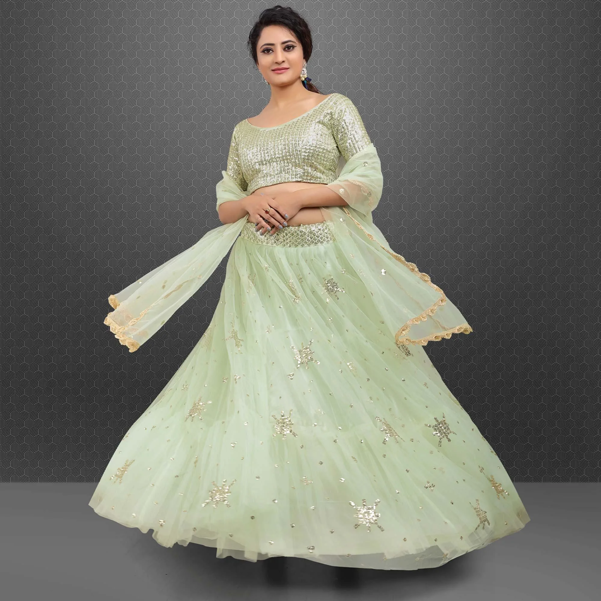 Light Green Party Wear Sequins Embroidered Net Lehenga Choli