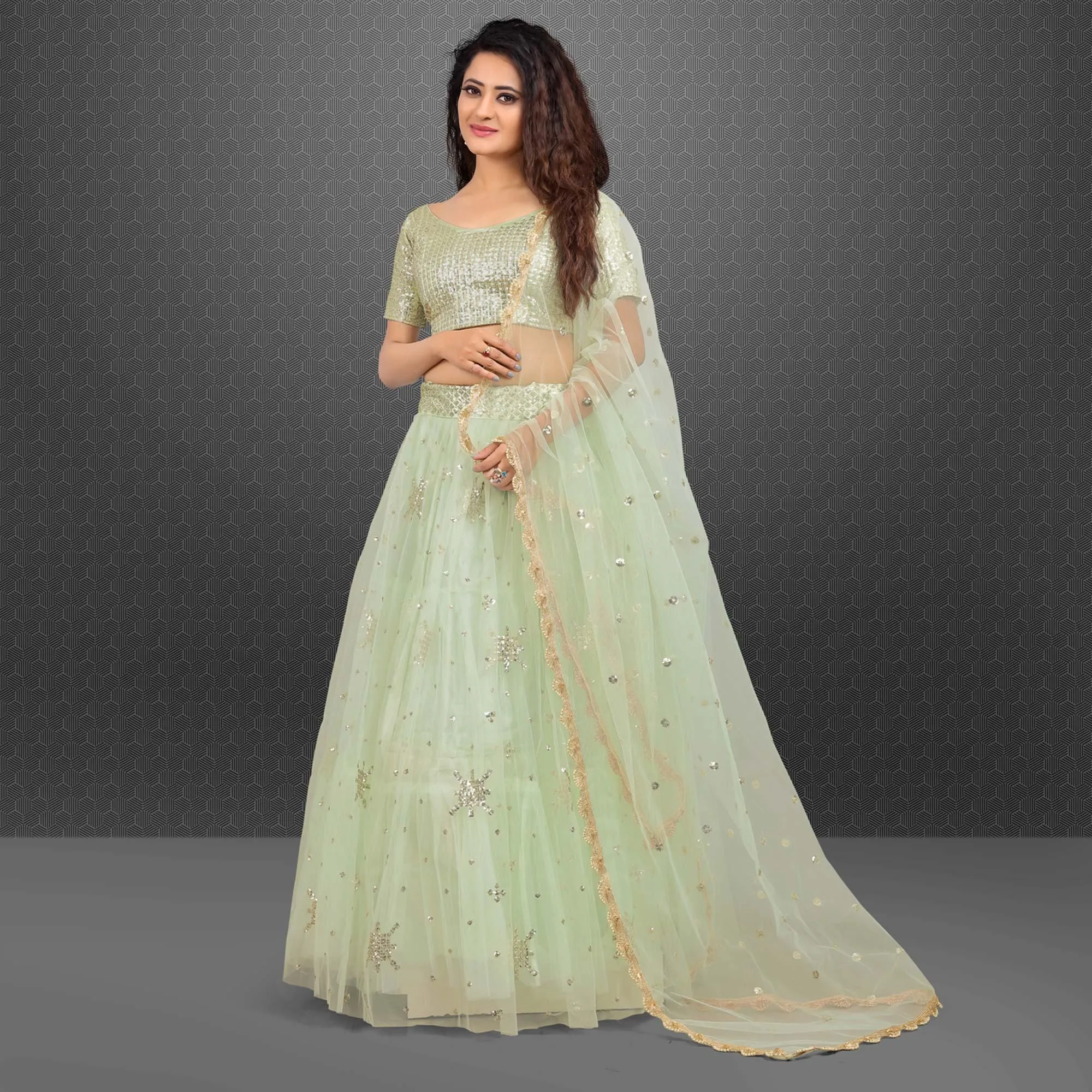 Light Green Party Wear Sequins Embroidered Net Lehenga Choli