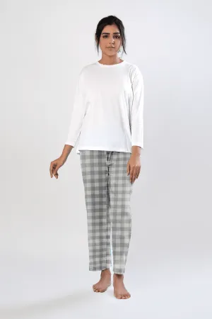 M&S Fit Women's Night Suit (White Check Printed)