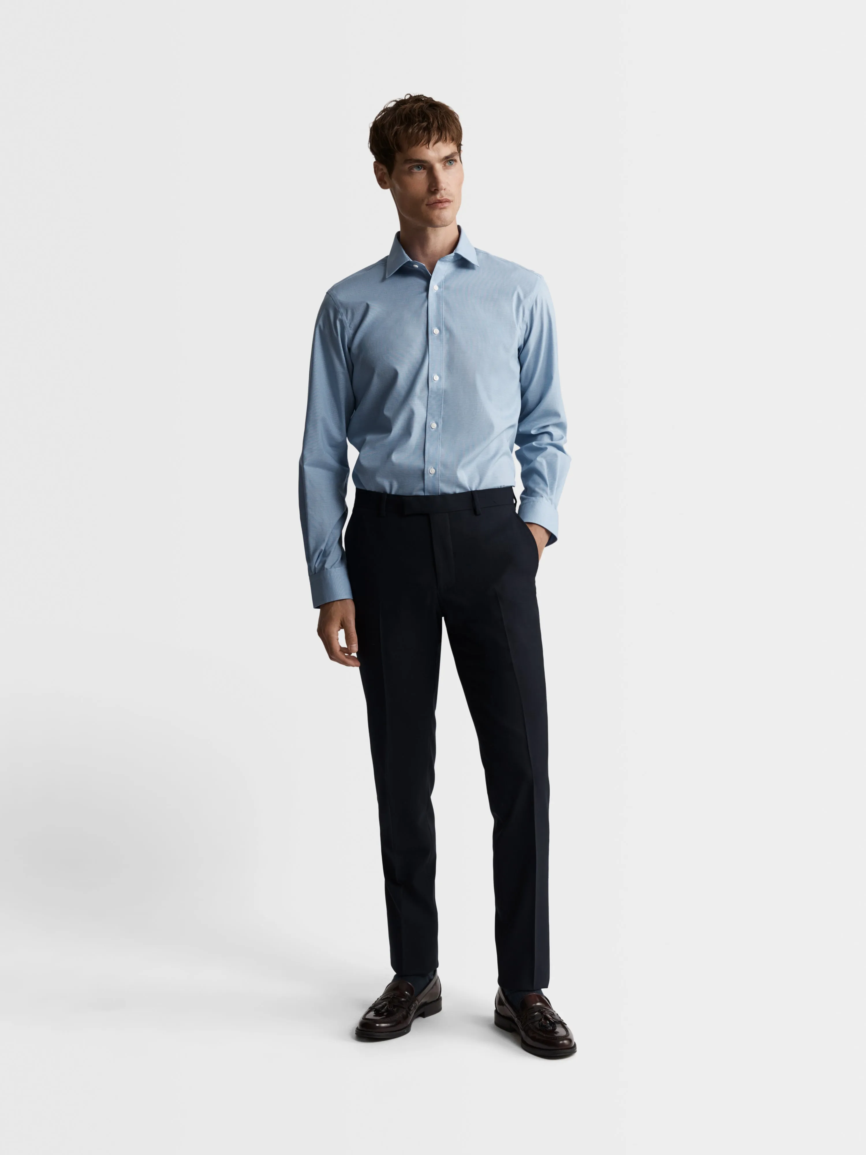 Max Performance Blue Puppytooth Plain Weave Slim Fit Single Cuff Classic Collar Shirt