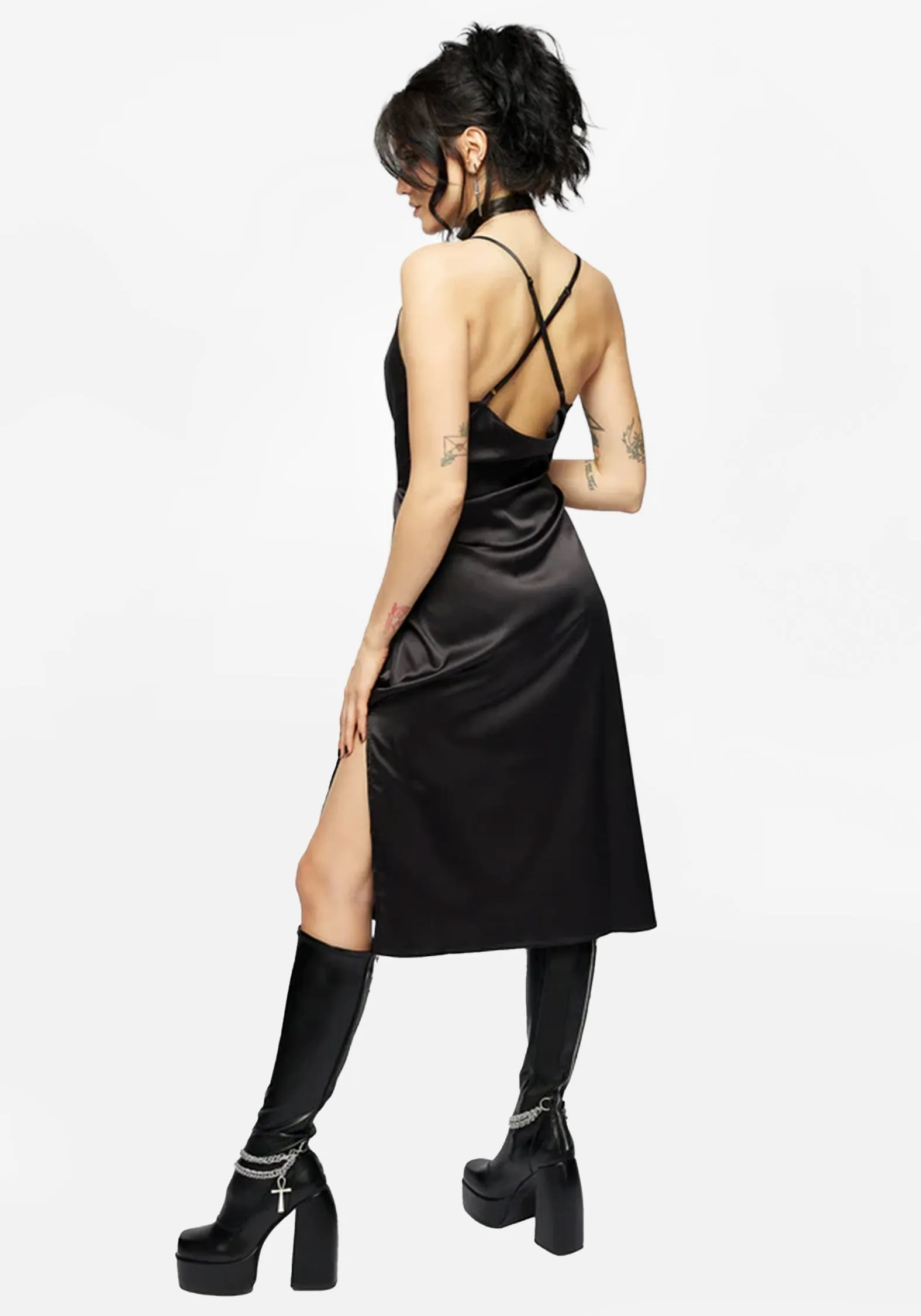 Medeina Cowl Neck Satin Midi Slip Dress - Midnight Black