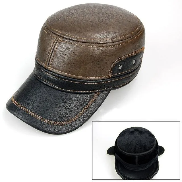 Men Leather Brown Baseball Cap with Adjustable Ear Muffs and Black Visor