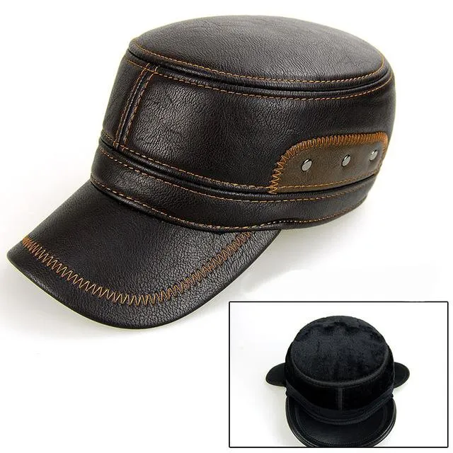 Men Leather Brown Baseball Cap with Adjustable Ear Muffs and Black Visor