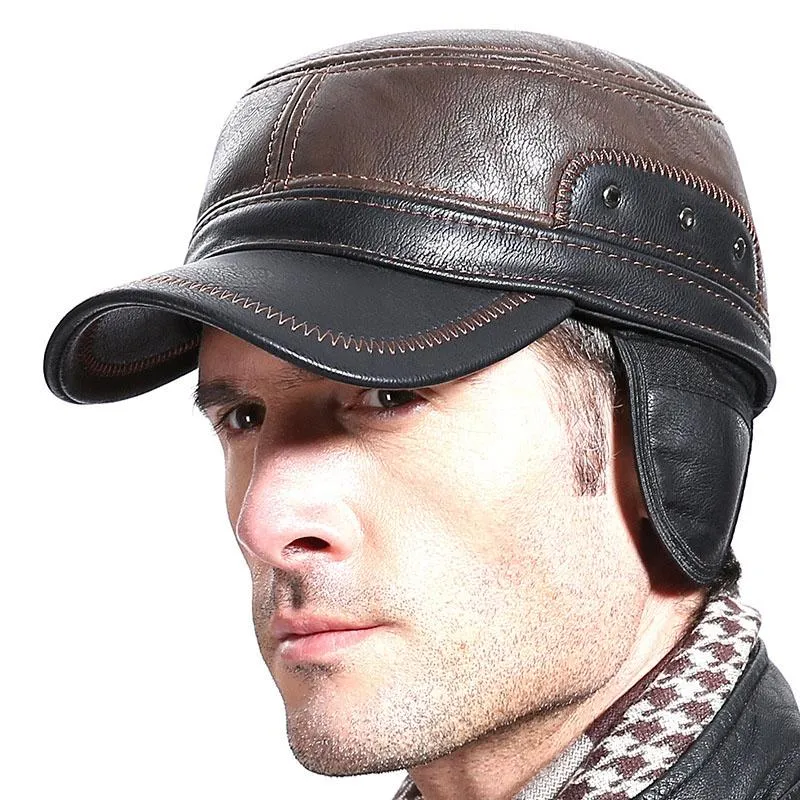 Men Leather Brown Baseball Cap with Adjustable Ear Muffs and Black Visor