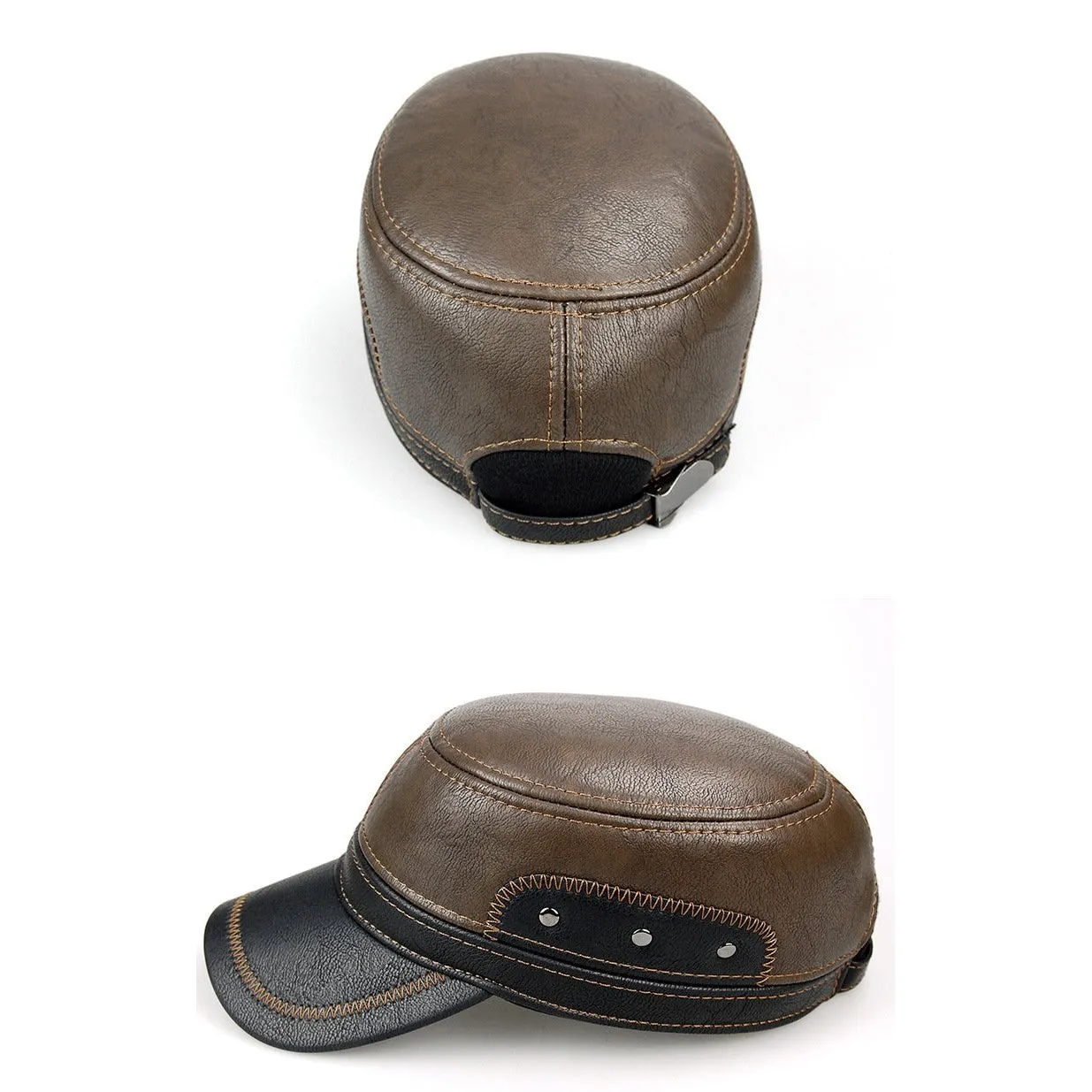 Men Leather Brown Baseball Cap with Adjustable Ear Muffs and Black Visor