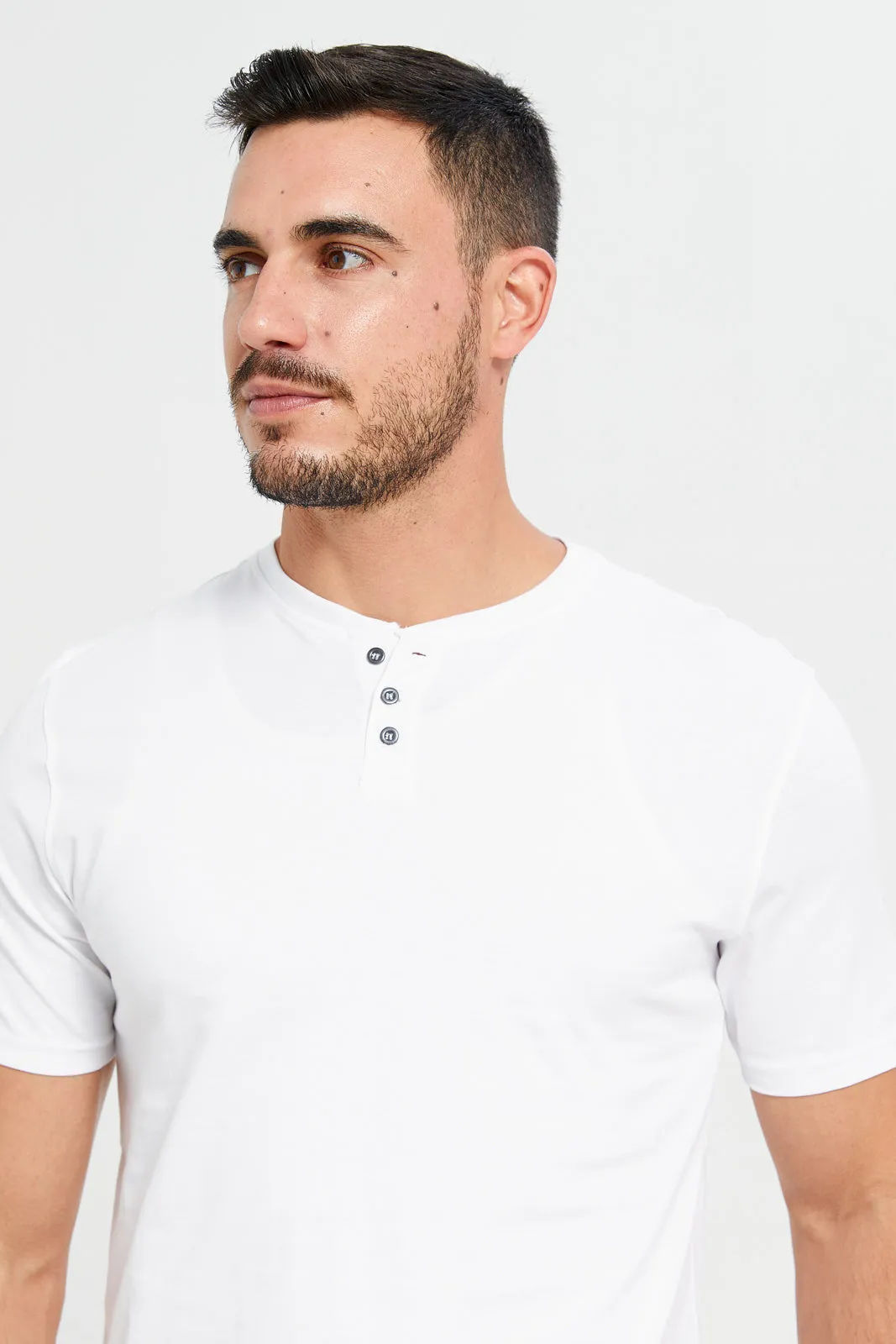 Men White Henley T-Shirt