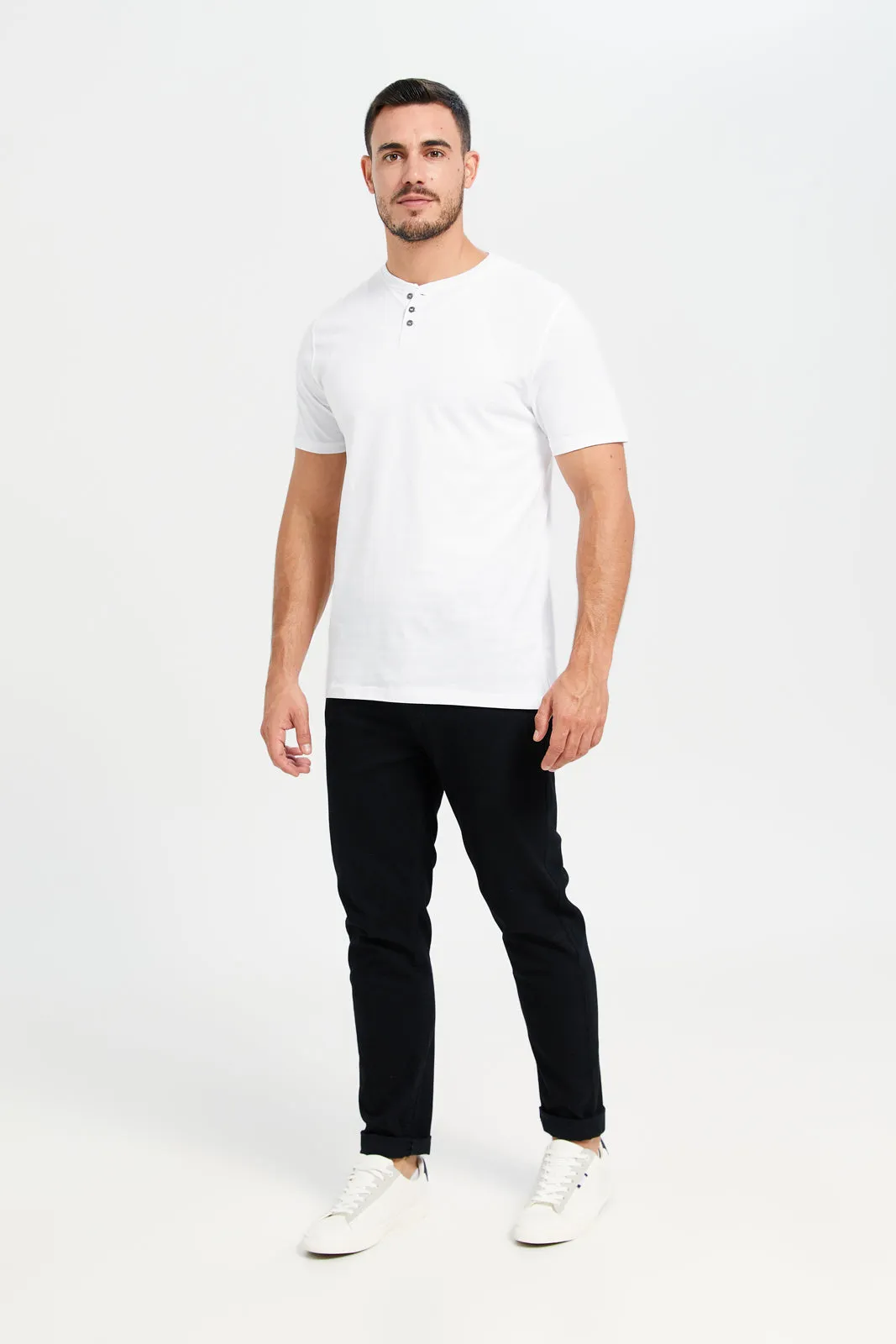 Men White Henley T-Shirt