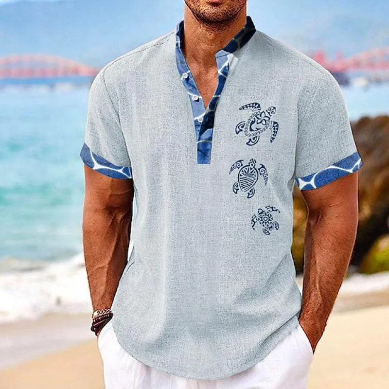 Men's Henley Collar Printed Short Sleeve Shirt 54289218L