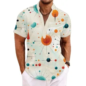 Men's Lines Dots Henley Collar Printed Short Sleeve Shirt 19039596L