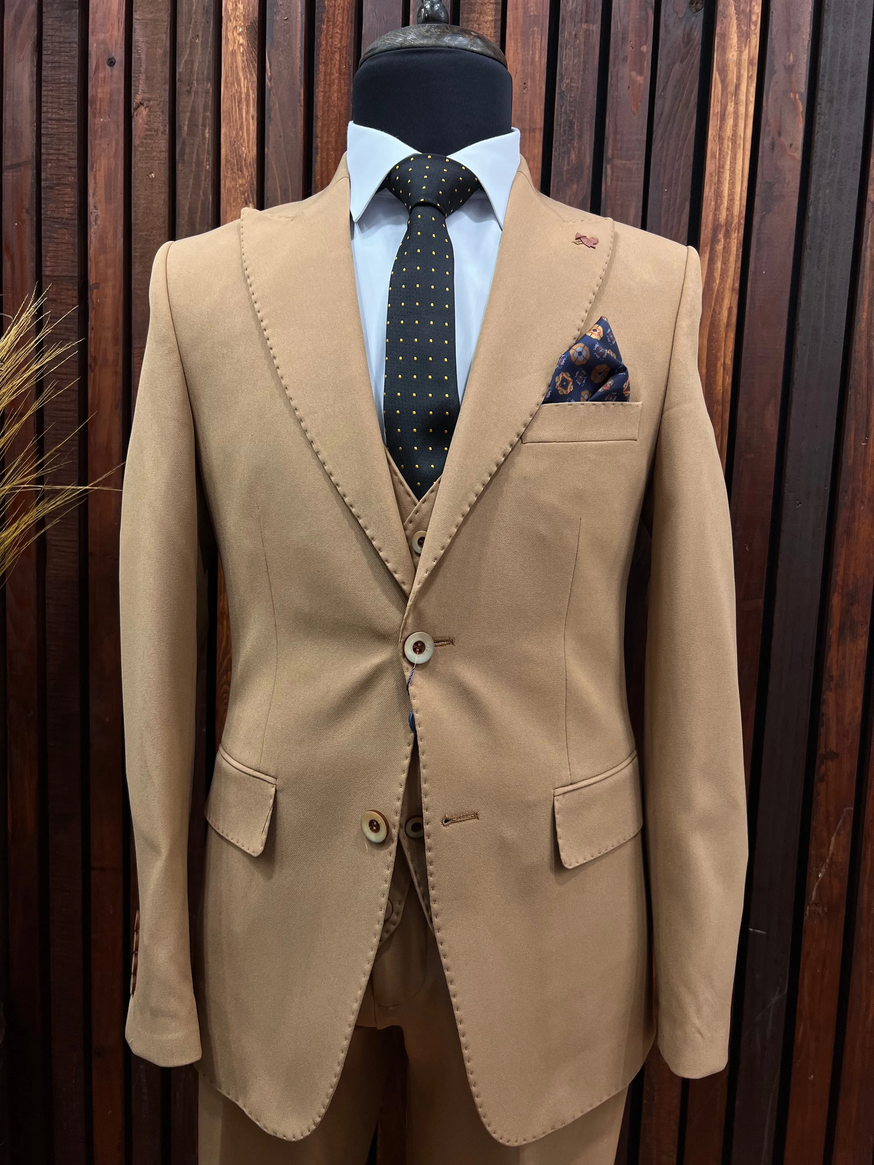 Mens Slim Fit Bronze gold Color Suit | 3 Piece Wool Suit premium 4 way stretch