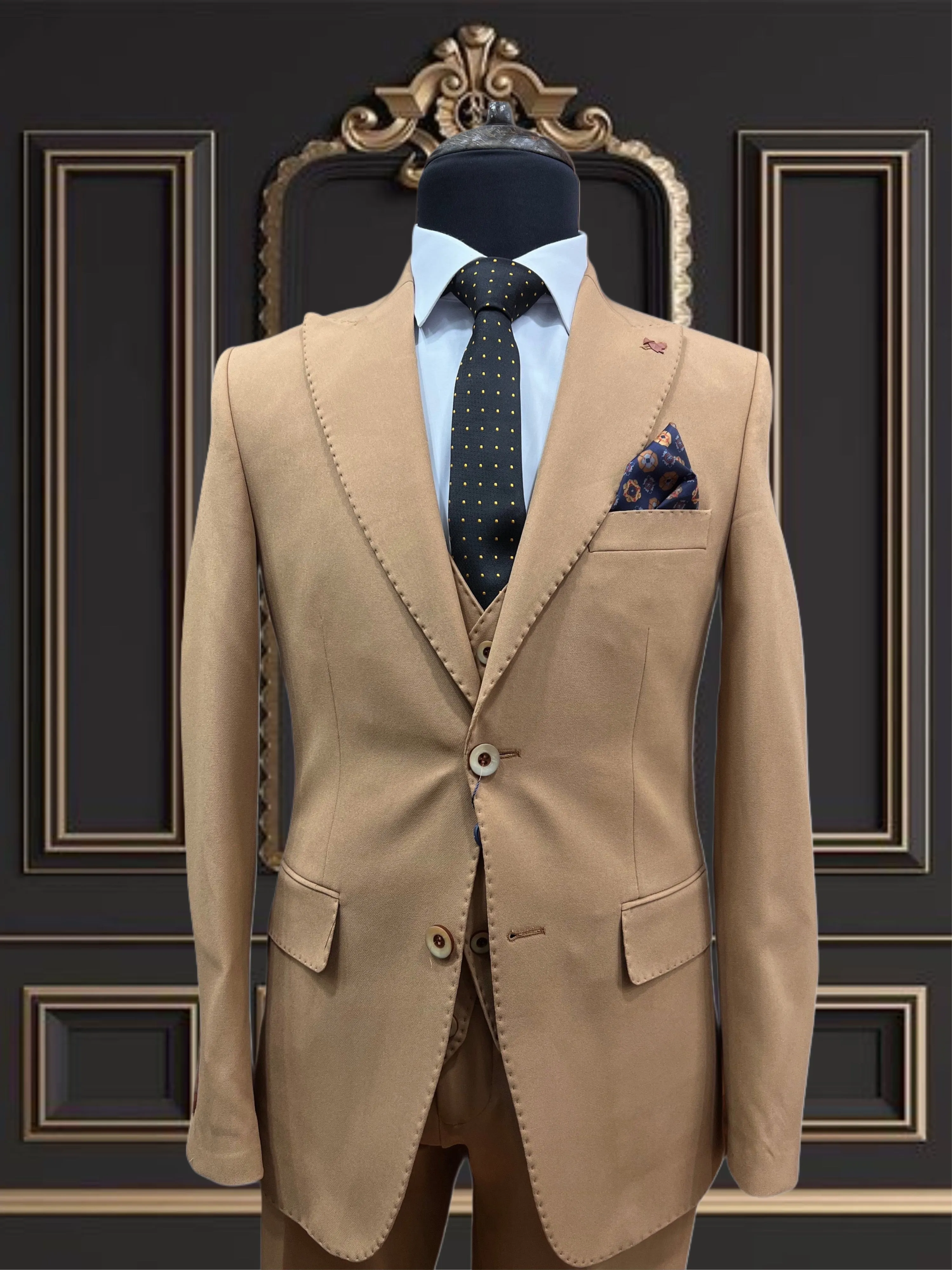 Mens Slim Fit Bronze gold Color Suit | 3 Piece Wool Suit premium 4 way stretch