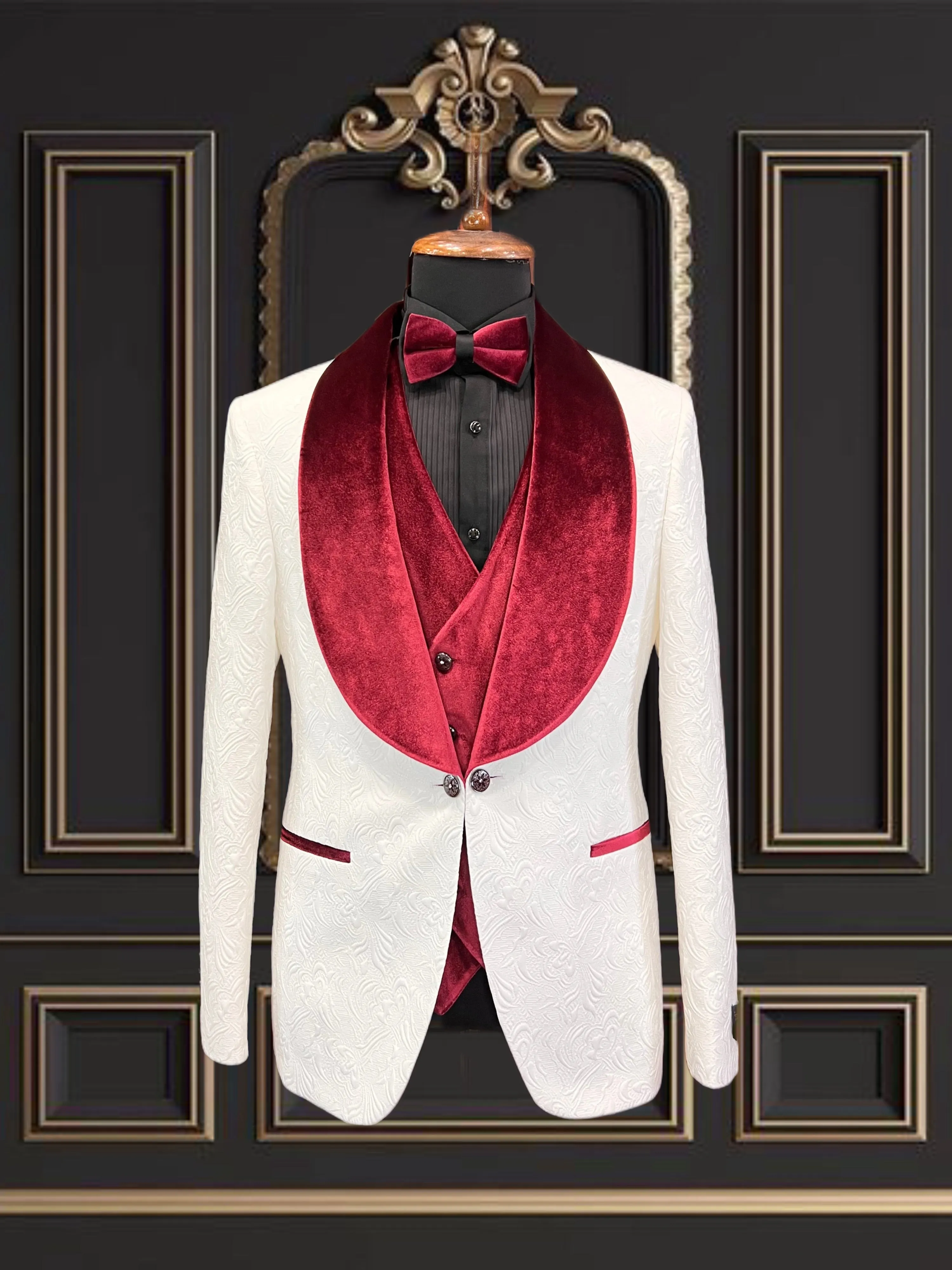 Mens White Tuxedo with Burgundy velvet lapel Slim fit 3 piece Tuxedo | Premium