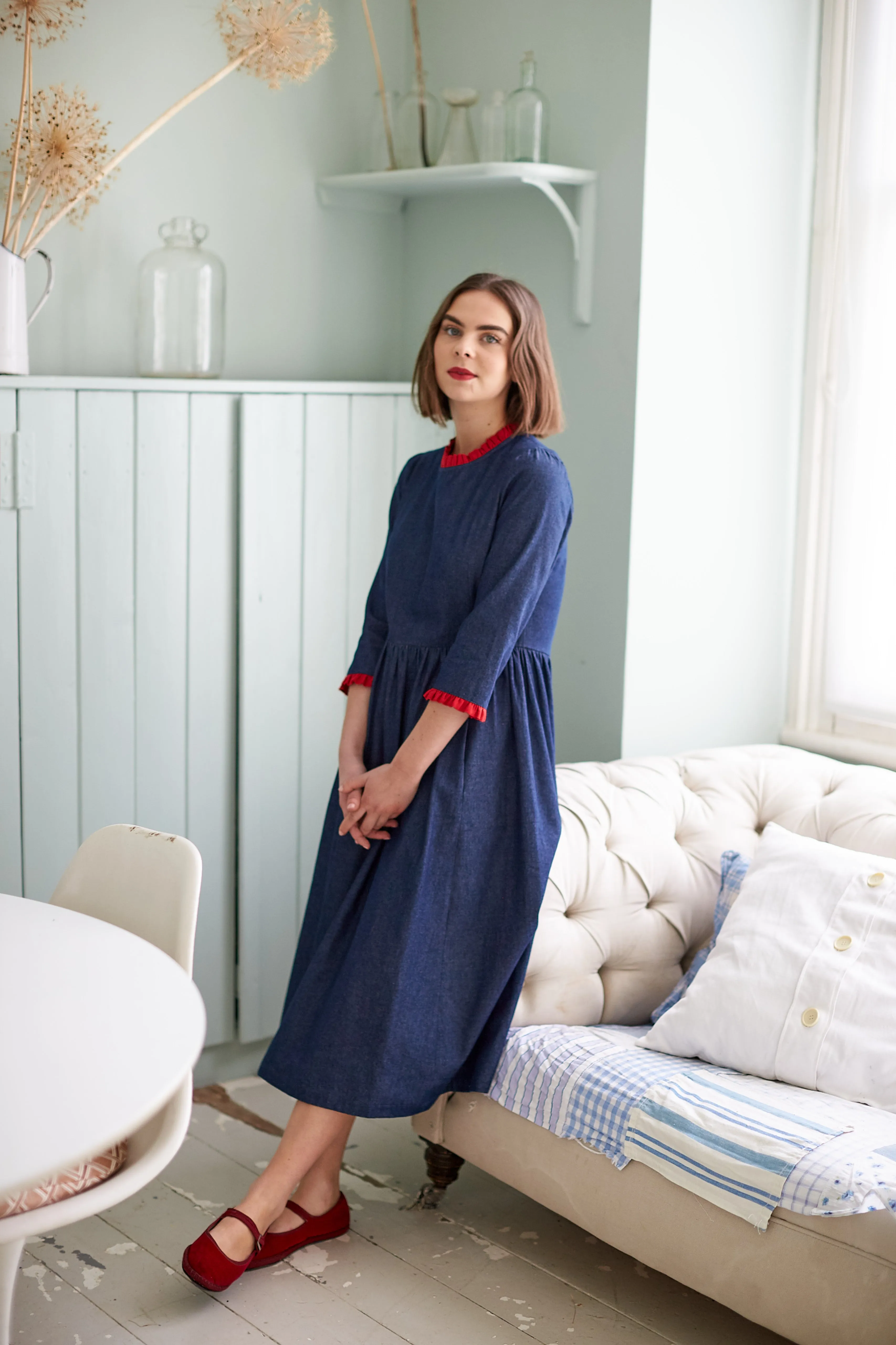 Mia Dress in Denim with Red Linen Trim