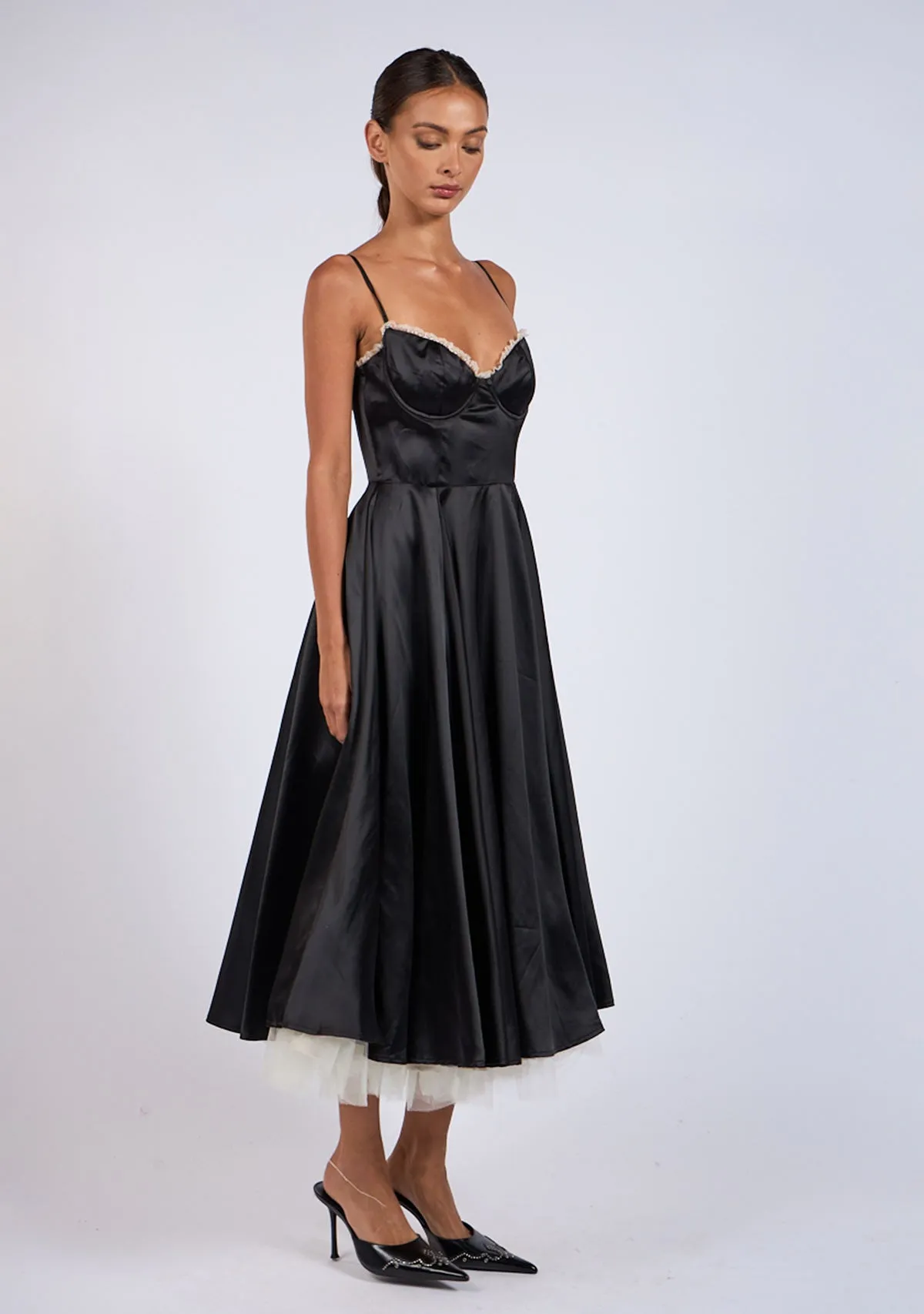 Midi Satin Slip Dress with Tulle Hem