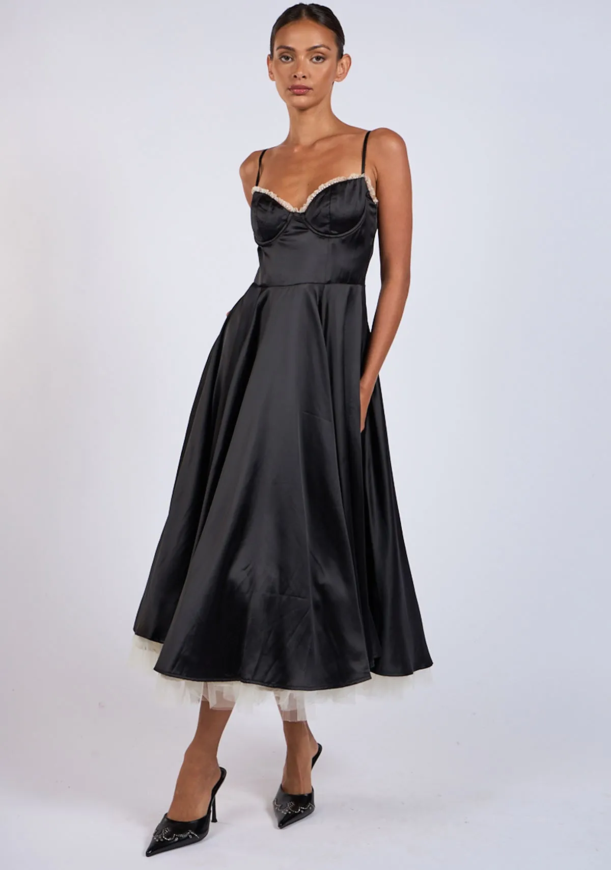 Midi Satin Slip Dress with Tulle Hem