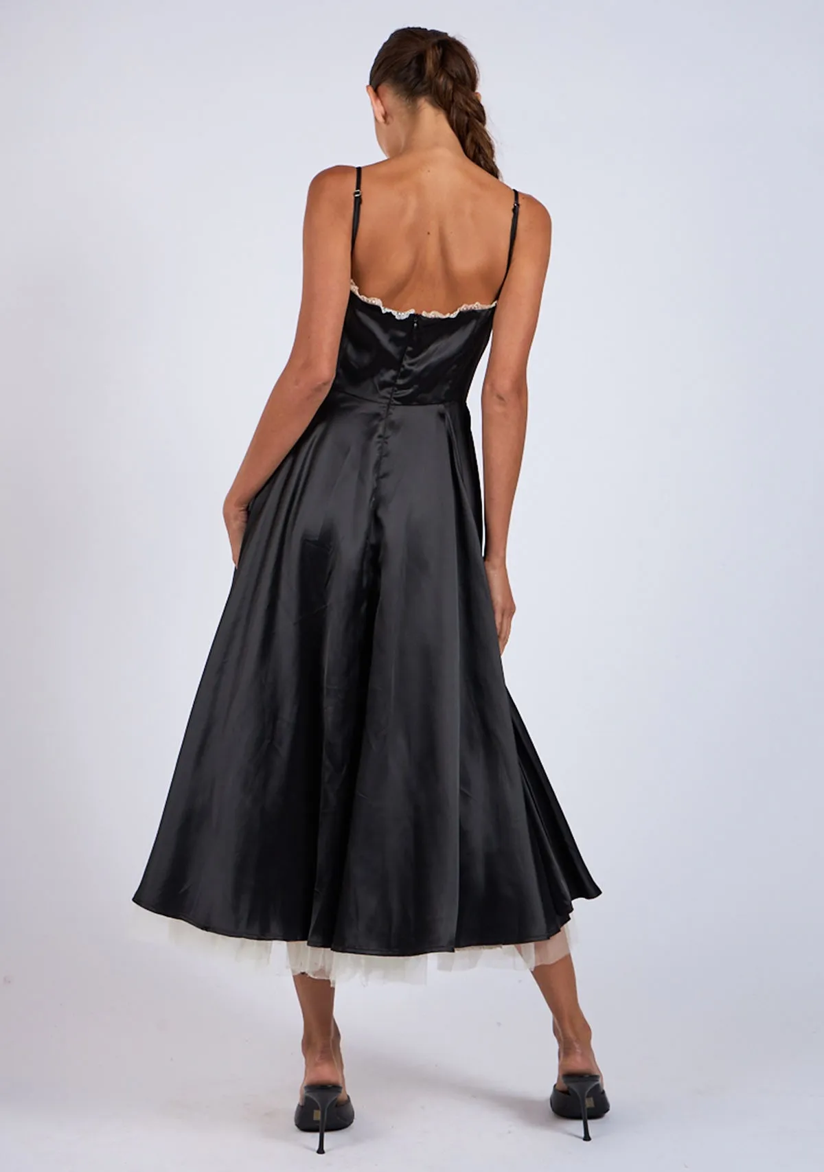 Midi Satin Slip Dress with Tulle Hem