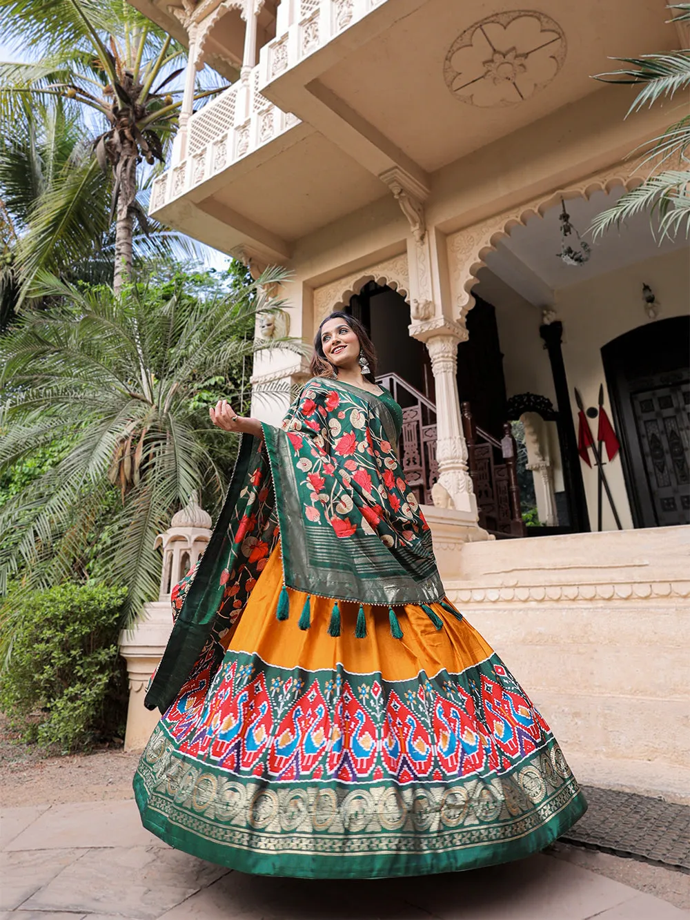 Mustard Color Printed With Foil Work Dola Silk Lehenga Choli