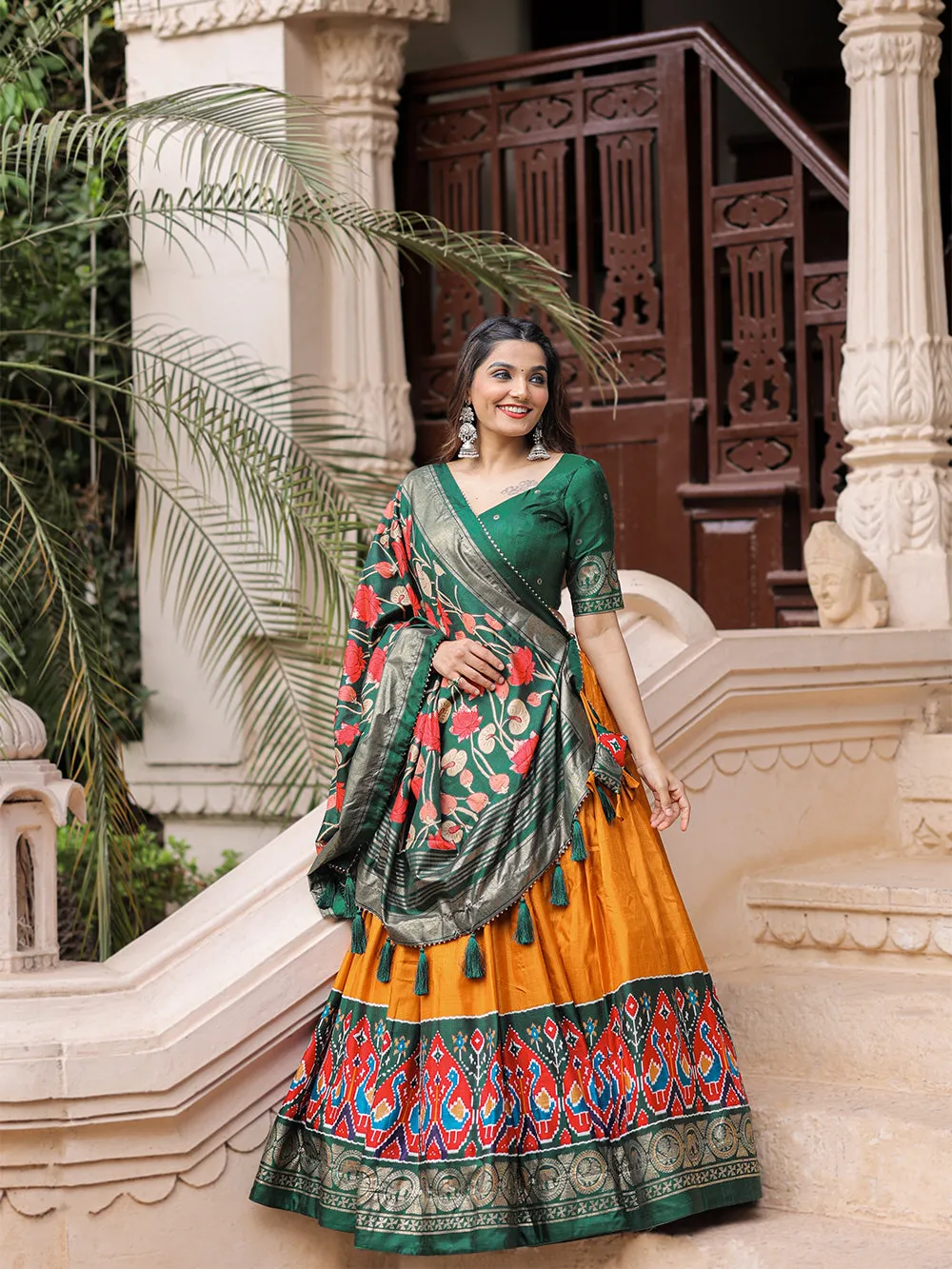 Mustard Color Printed With Foil Work Dola Silk Lehenga Choli