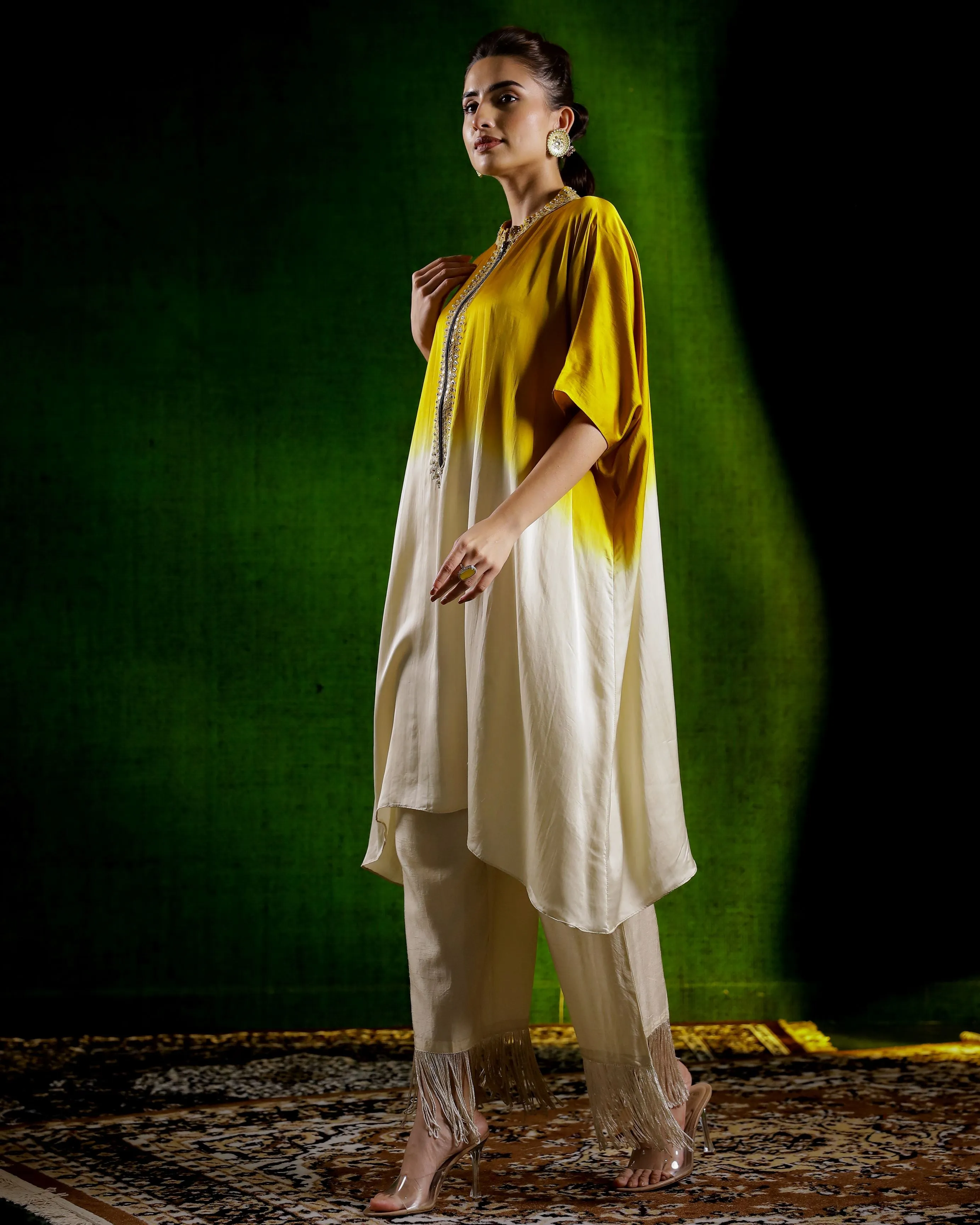 Mustard Ombre Dyed Satin Silk Kaftan Set