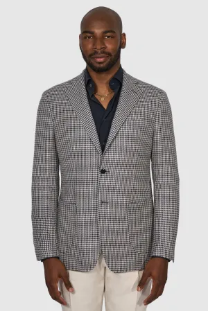 New SUITREVIEW Elmhurst Navy Houndstooth Wool, Silk, Linen Loro Piana Blazer - Size 42R