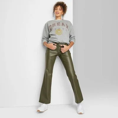 New - Women's Low-Rise Faux Leather Flare Pants - Wild Fable Olive Green 14