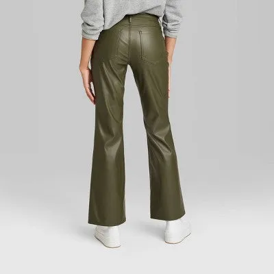 New - Women's Low-Rise Faux Leather Flare Pants - Wild Fable Olive Green 14