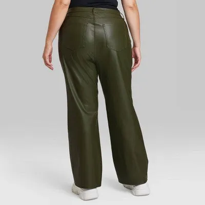 New - Women's Low-Rise Faux Leather Flare Pants - Wild Fable Olive Green 17