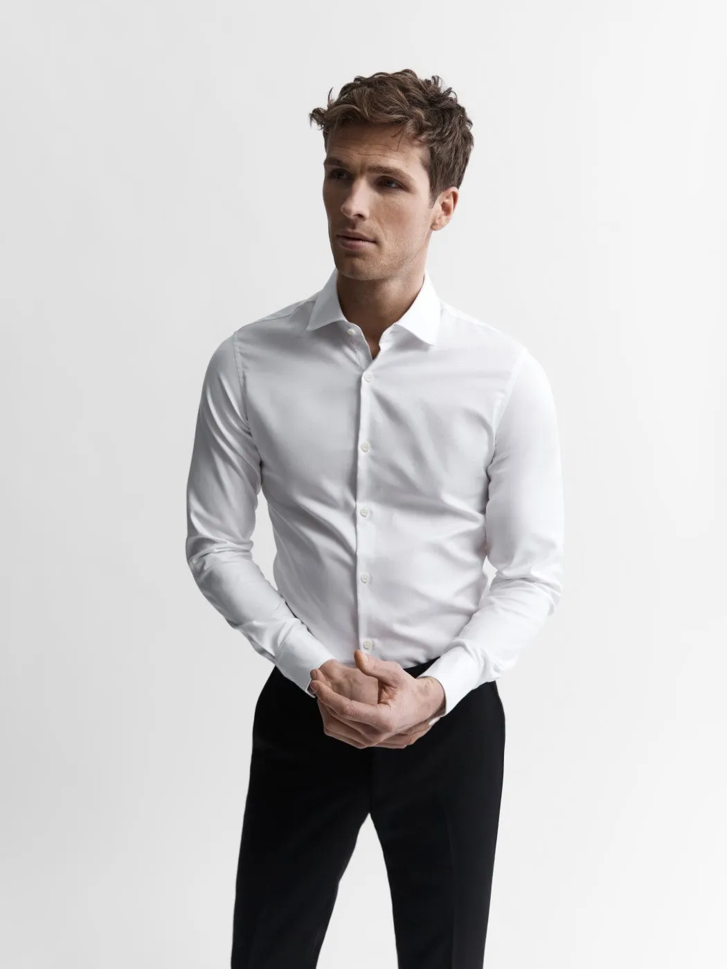 Non-Iron White Twill Slim Fit Single Cuff Classic Collar Shirt