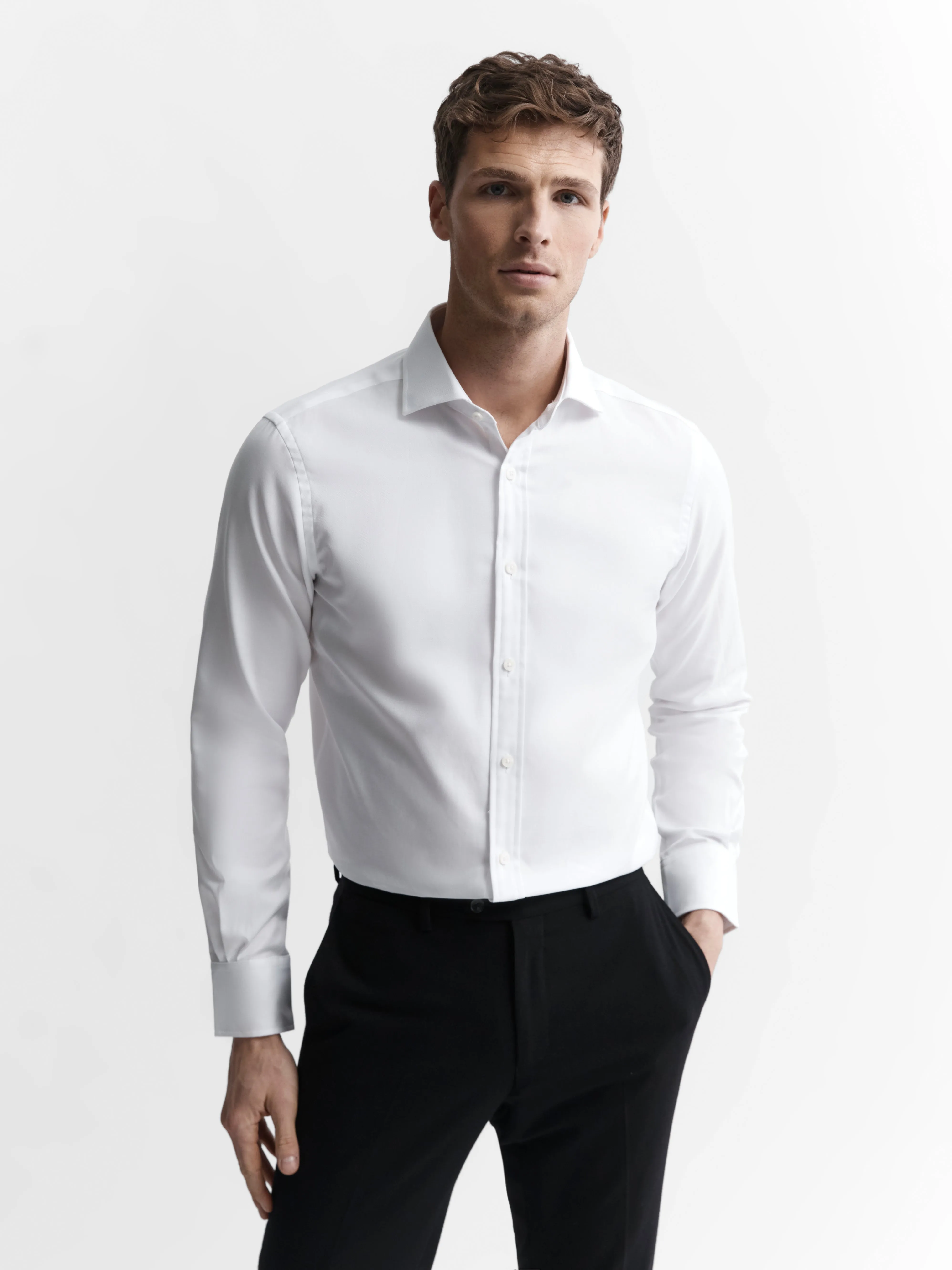 Non-Iron White Twill Slim Fit Single Cuff Classic Collar Shirt