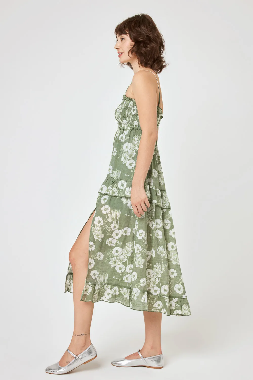 Olive Floral Smocked Bust Midi Dress