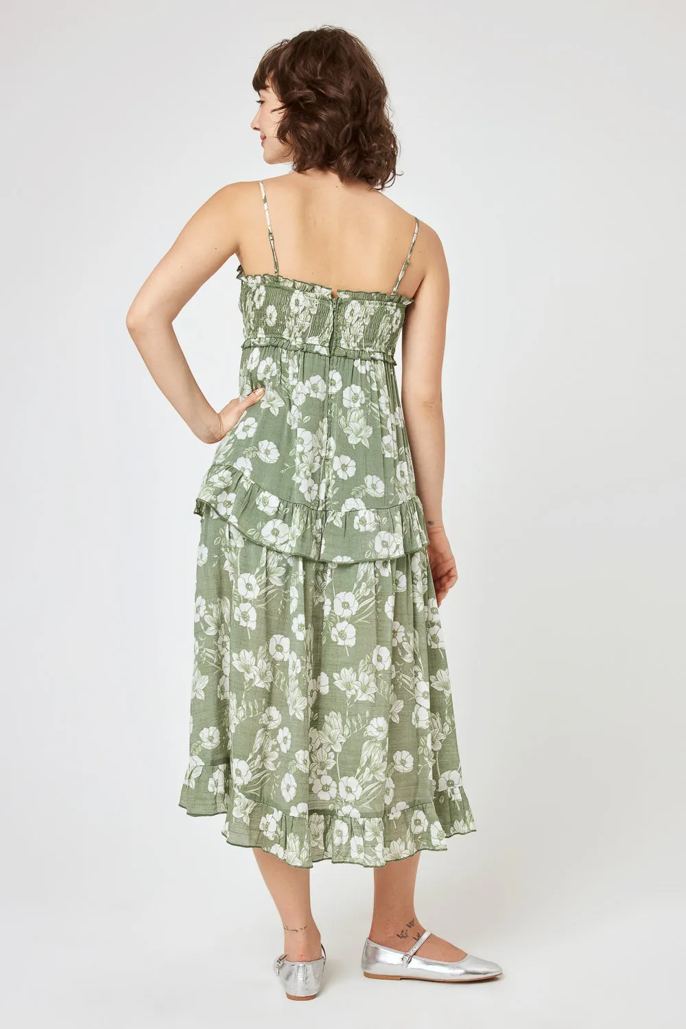 Olive Floral Smocked Bust Midi Dress