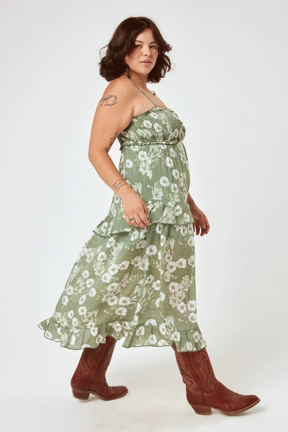 Olive Floral Smocked Bust Midi Dress