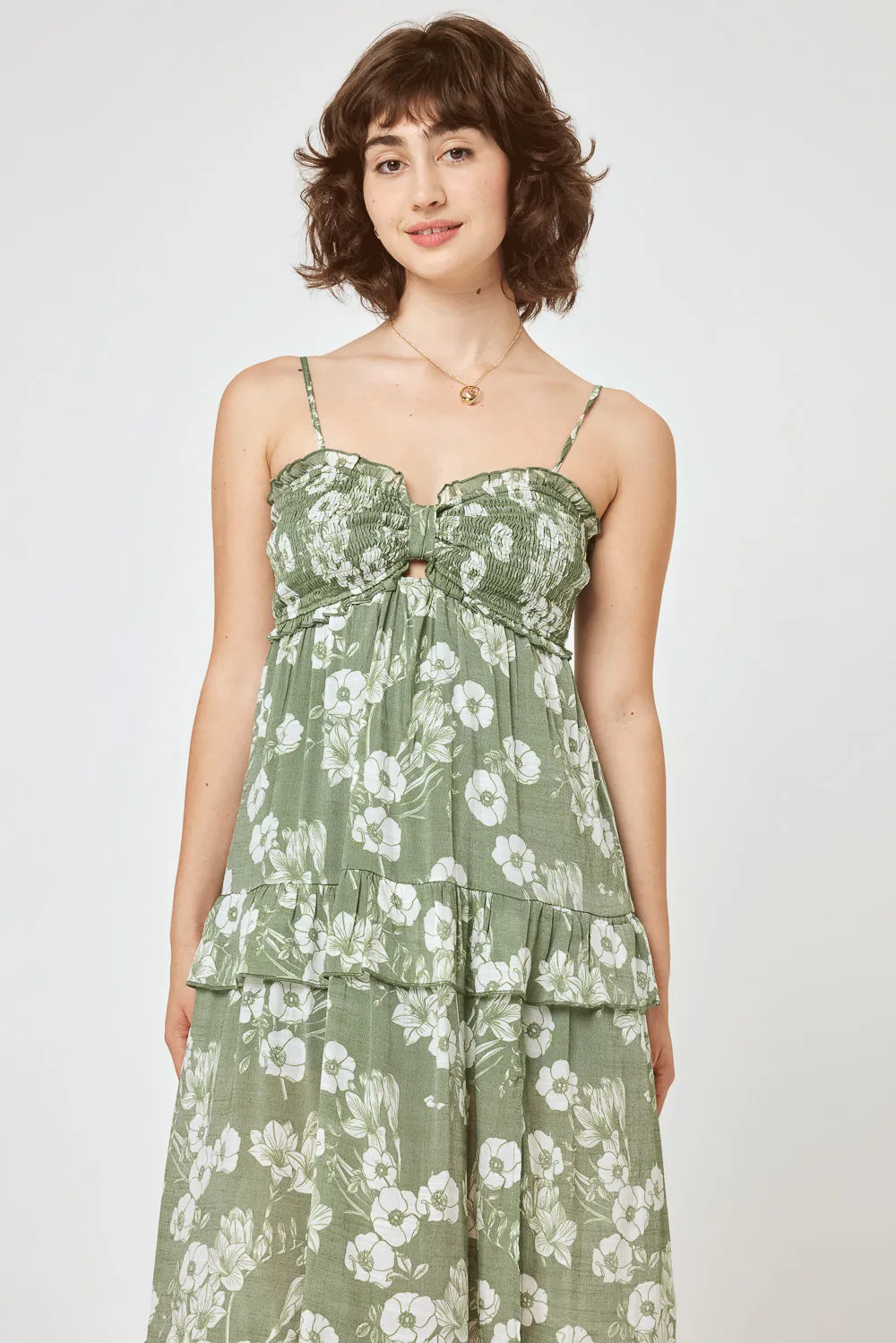 Olive Floral Smocked Bust Midi Dress