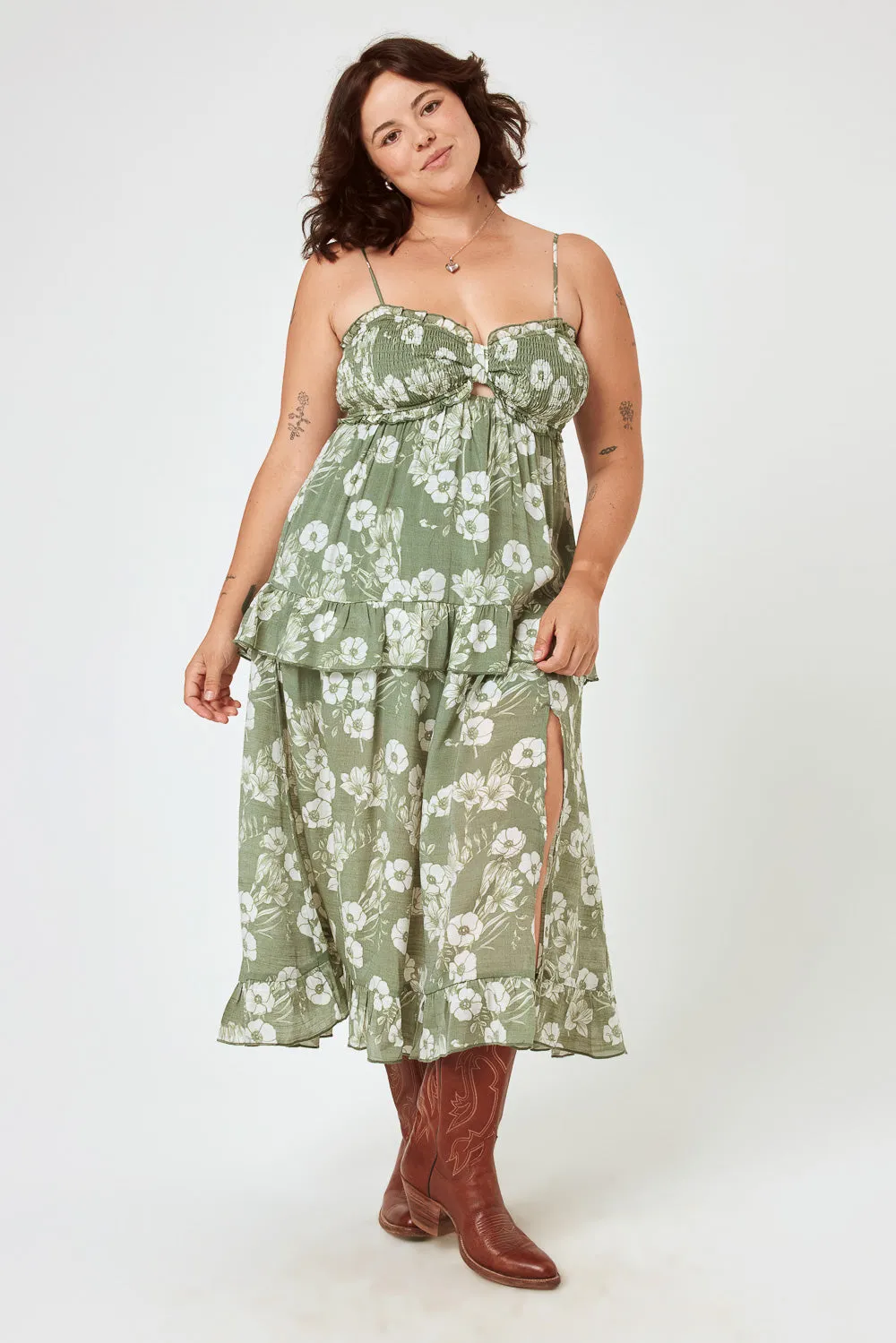 Olive Floral Smocked Bust Midi Dress