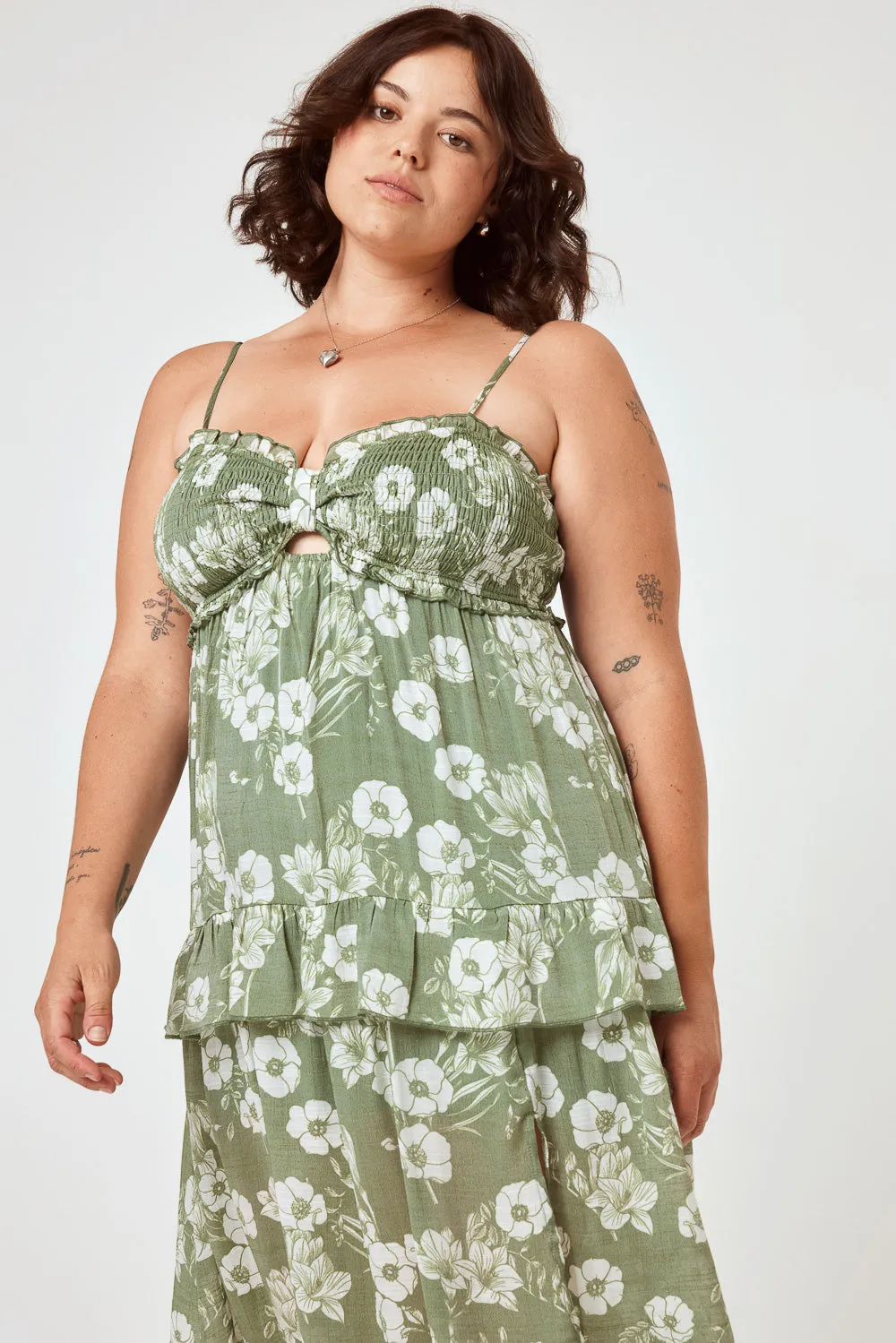 Olive Floral Smocked Bust Midi Dress