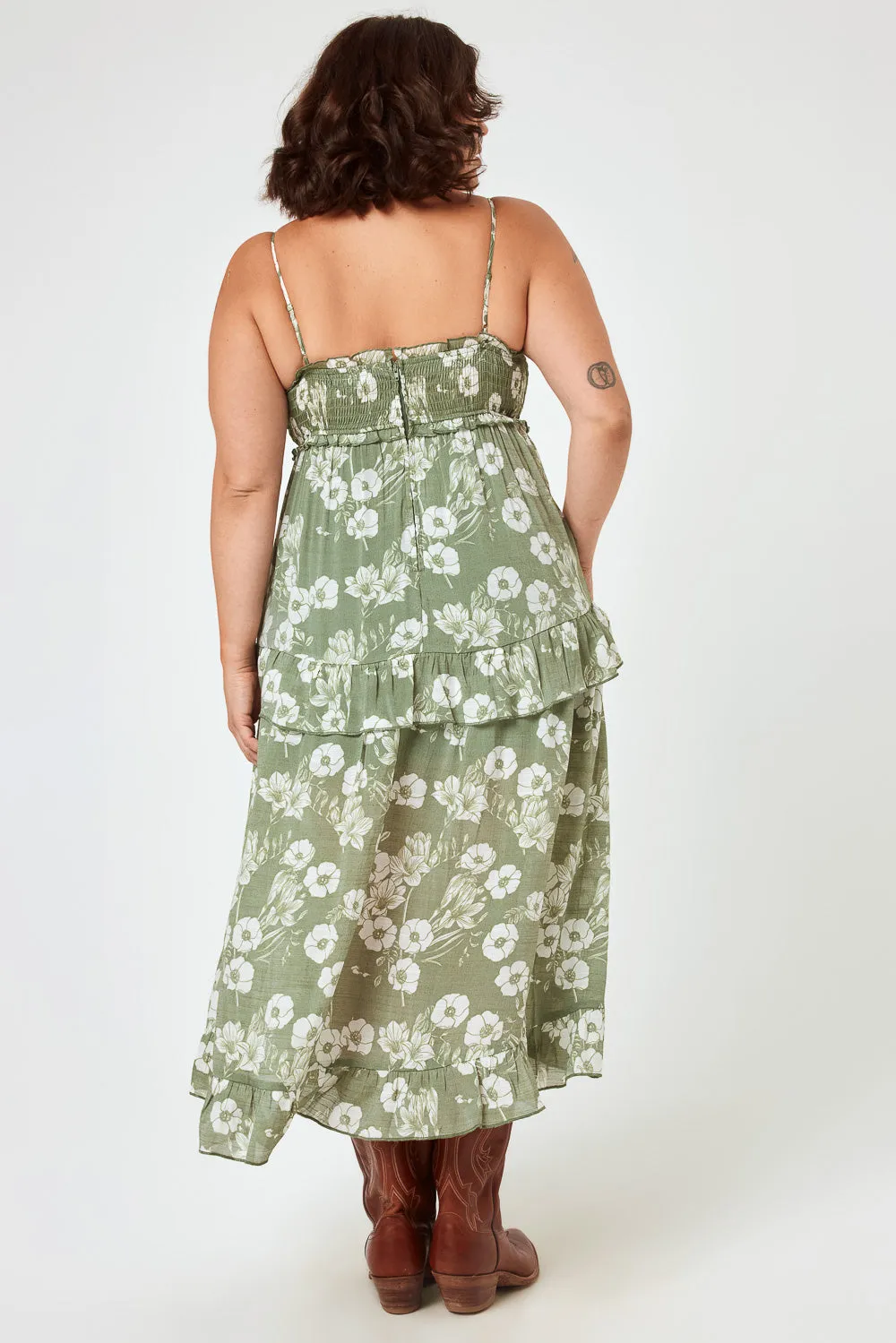 Olive Floral Smocked Bust Midi Dress