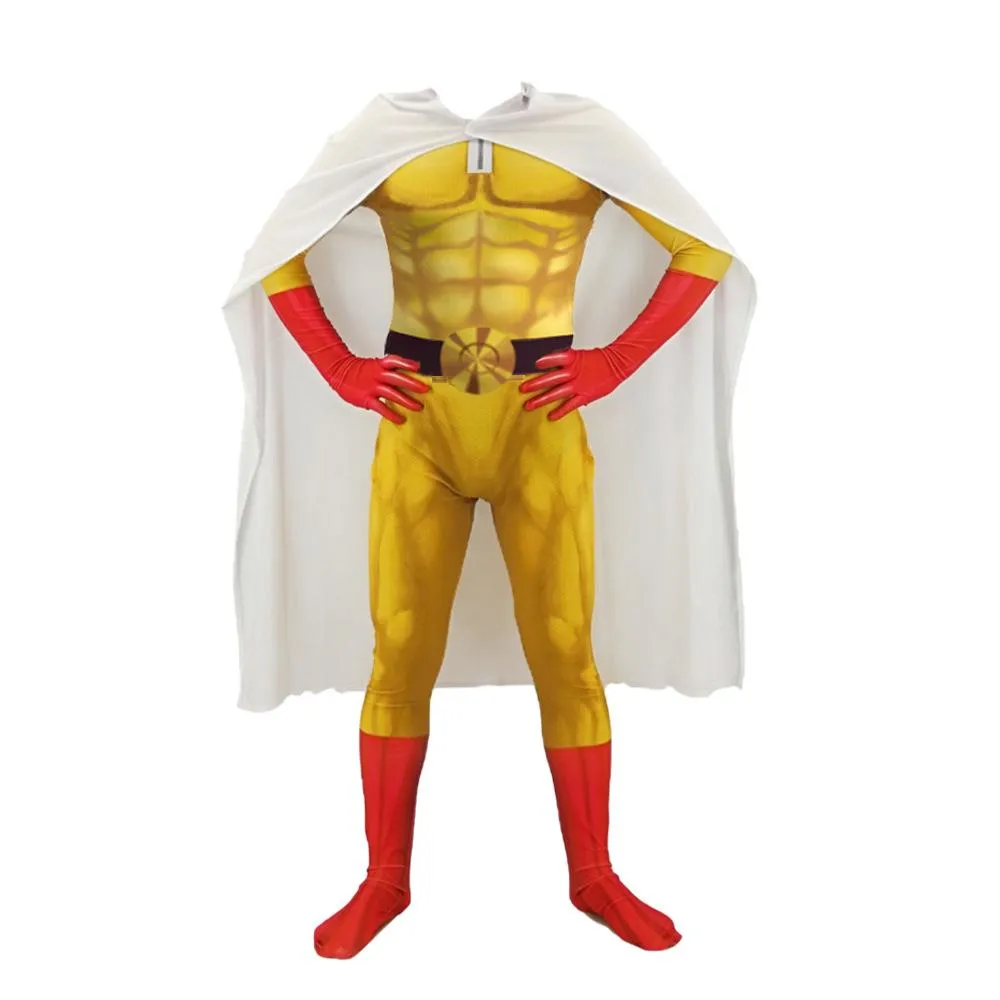 One Punch Man Saitama Costume Cosplay Zentai Suit Jumpsuit for Kids Adult