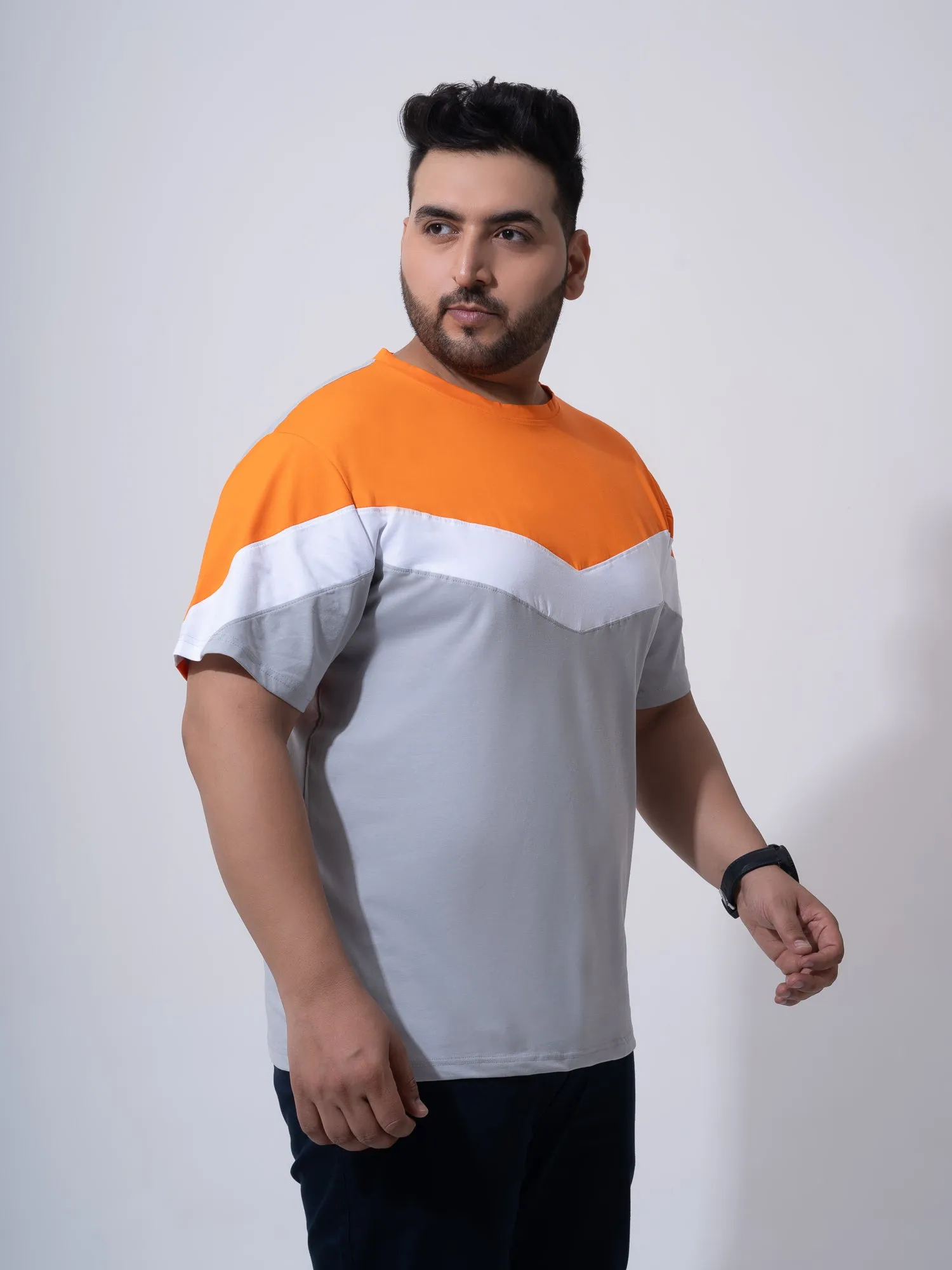 Orange white Grey colourblock Plus Size T-shirt