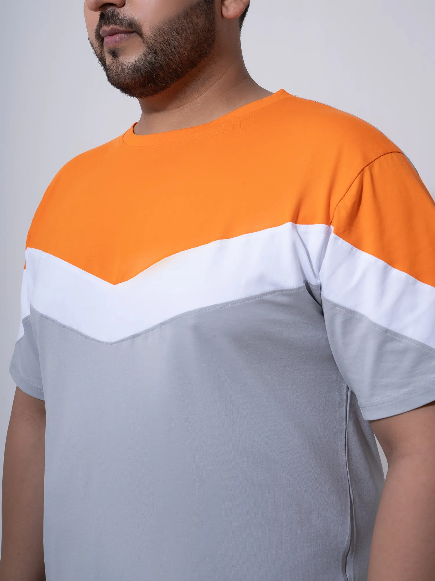 Orange white Grey colourblock Plus Size T-shirt