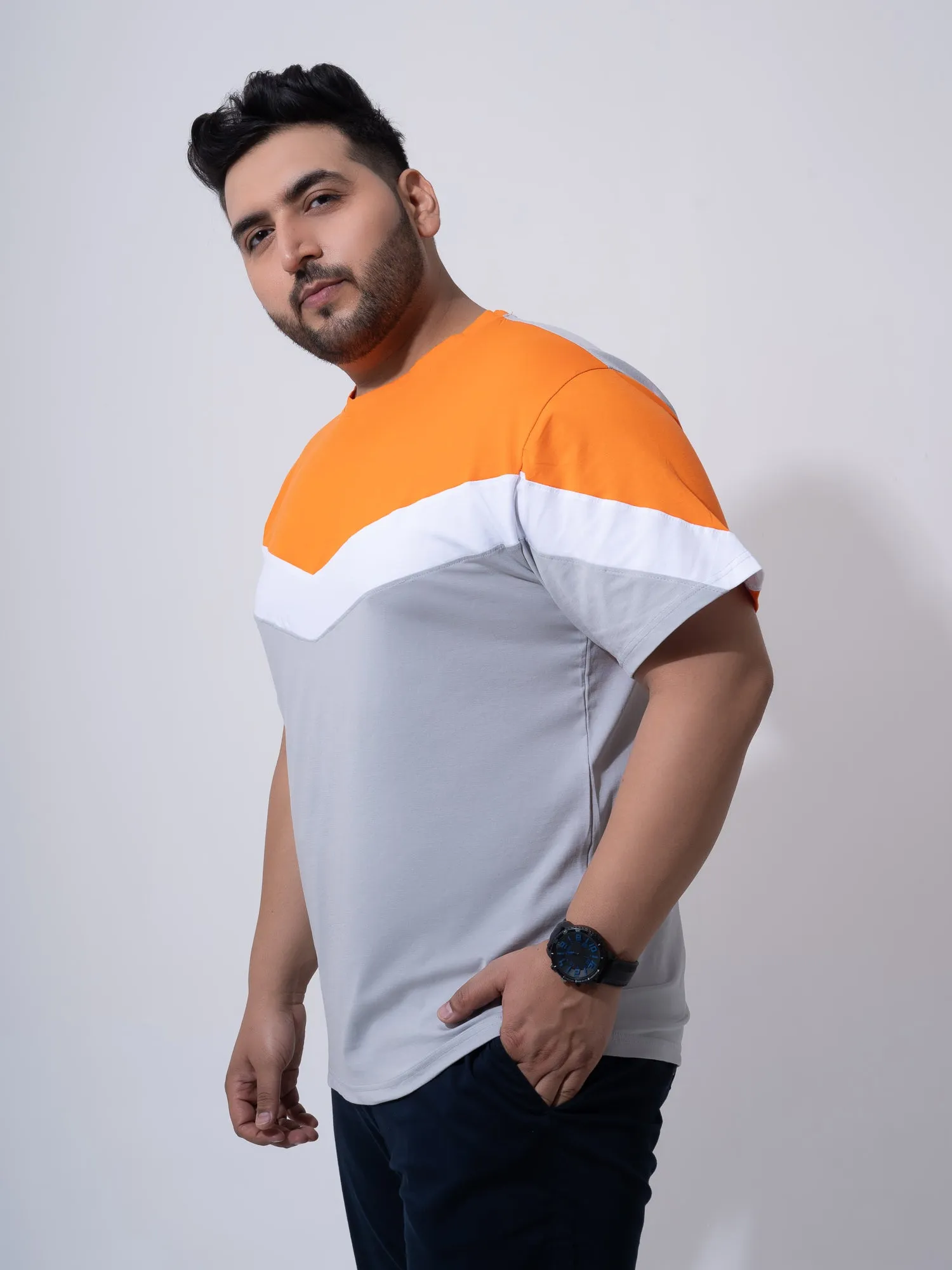 Orange white Grey colourblock Plus Size T-shirt