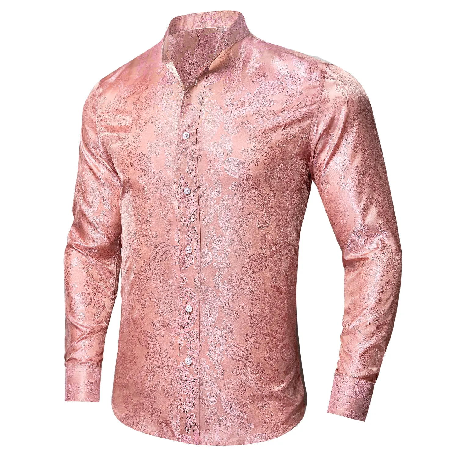 Peach Pink Paisley Men's Silk Dress Long Sleeve Shirt