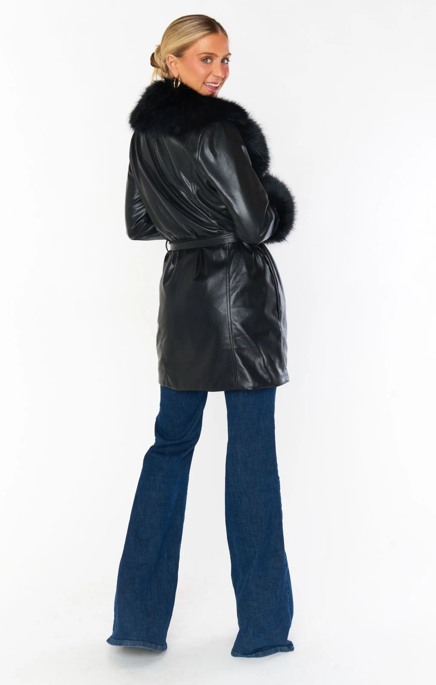 Penny Lane Coat | Black Faux Leather w/Faux Fur