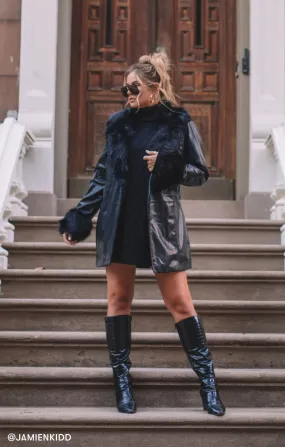 Penny Lane Coat | Black Faux Leather w/Faux Fur