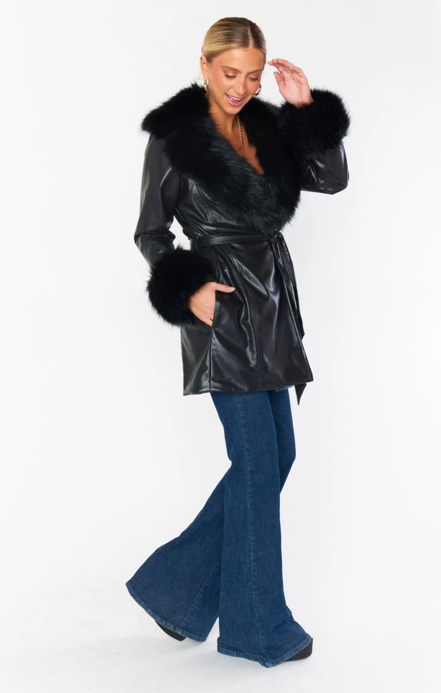 Penny Lane Coat | Black Faux Leather w/Faux Fur