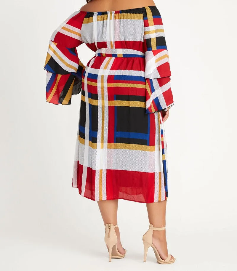 PLAID OFF SHOULDER PEASANT DRESS