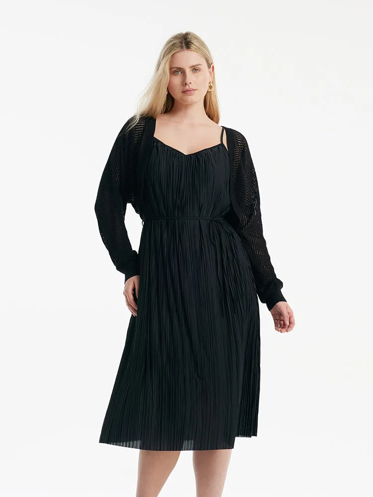 Pleated Spaghetti Strap Midi Dress And Knitted Openwork Cardigan Two-Piece Set